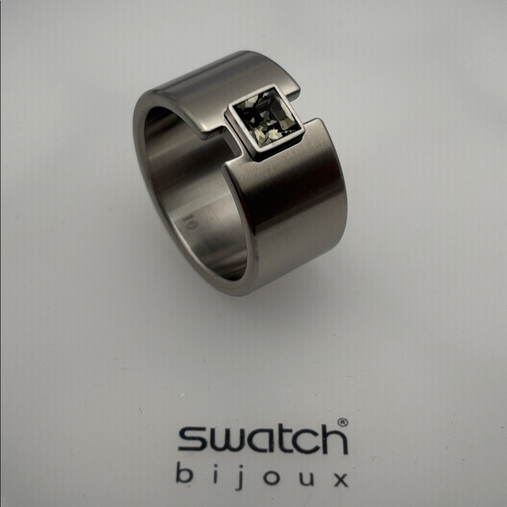 Swatch Bijoux Topic Path Stainless Steel & Smokey Crystal Ring - size 10
